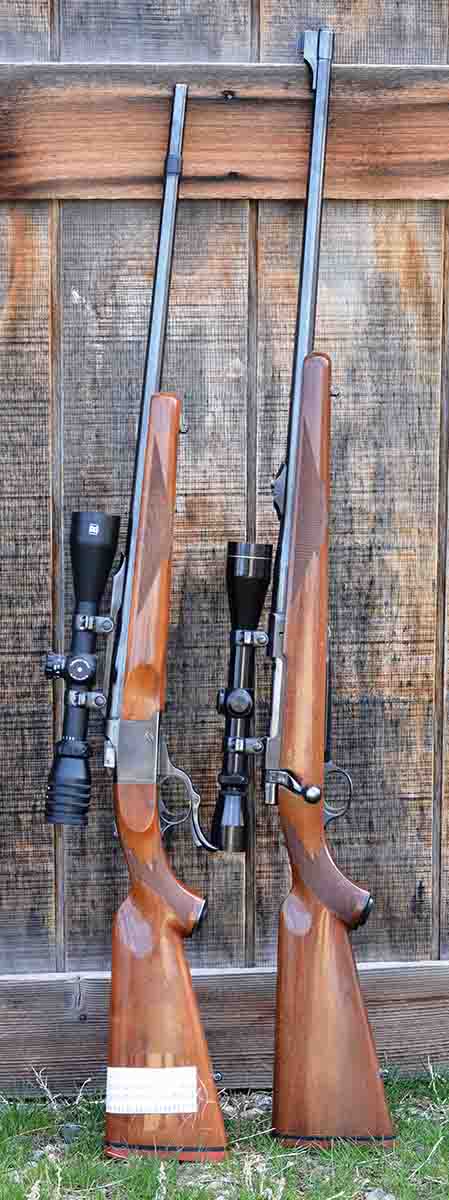 A Ruger No. 1 with a 26-inch barrel (left) is approximately 2 inches shorter than a bolt-action rifle such as this Ruger M77RS (right) with a 24-inch barrel.